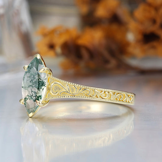 14K Vintage Marquise Solitaire Yellow Gold Natural Moss Agate Engagement Ring Filigree Wedding Ring
