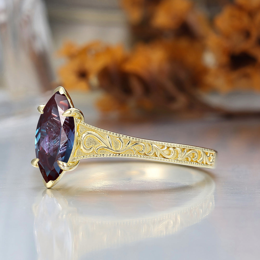 14K Vintage Marquise Solitaire Yellow Gold Alexandrite Engagement Ring Filigree Wedding Ring