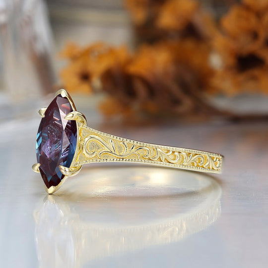 14K Vintage Marquise Solitaire Yellow Gold Alexandrite Engagement Ring Filigree Wedding Ring