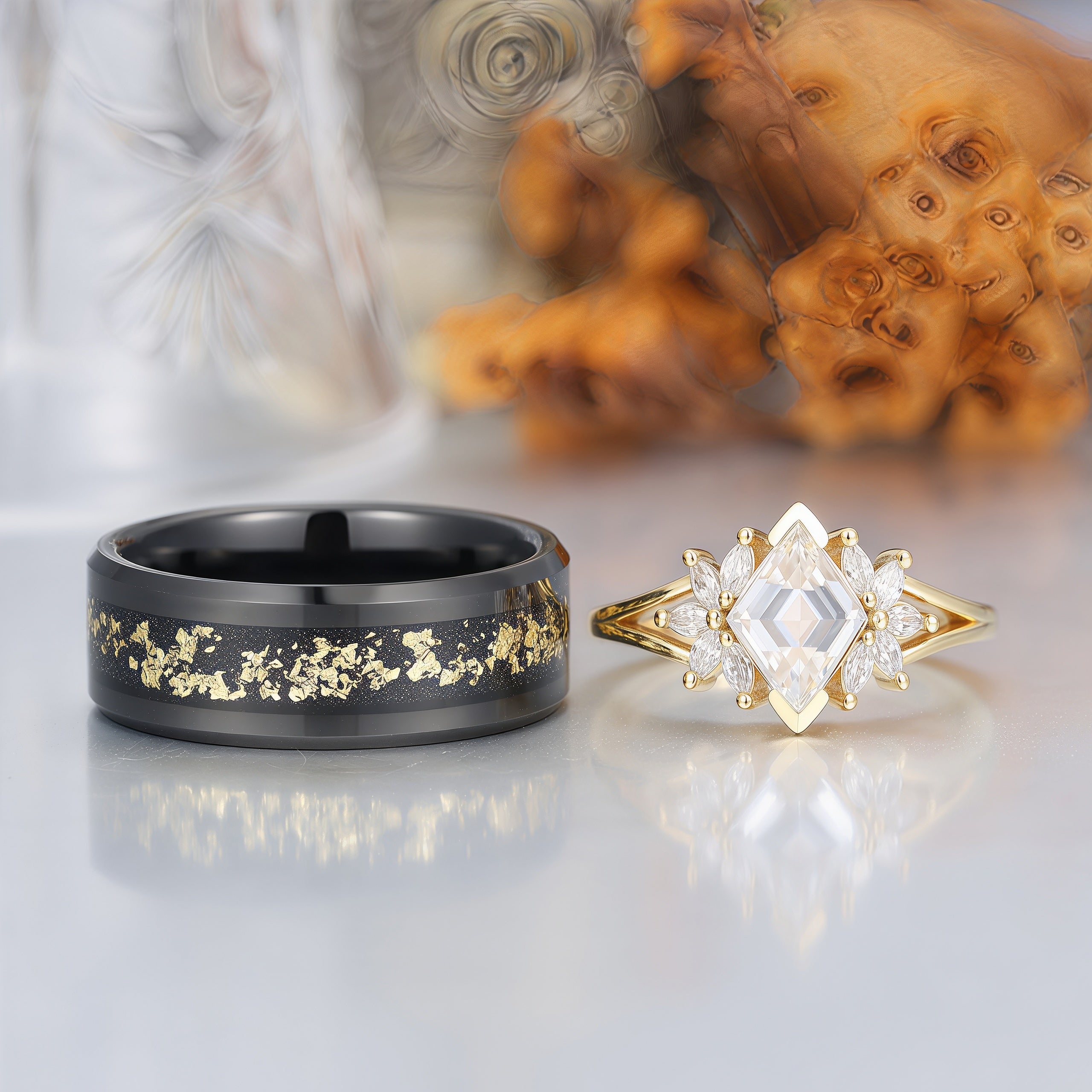Art Deco Petal Moissanite Engagement His and Hers Wedding Rings