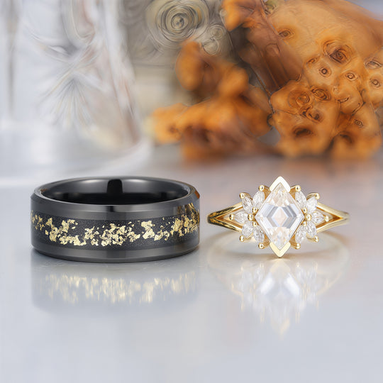 Art Deco Petal Moissanite Engagement His and Hers Wedding Rings Gold Leaf Tungsten Matching Rings -  Esdomera.com