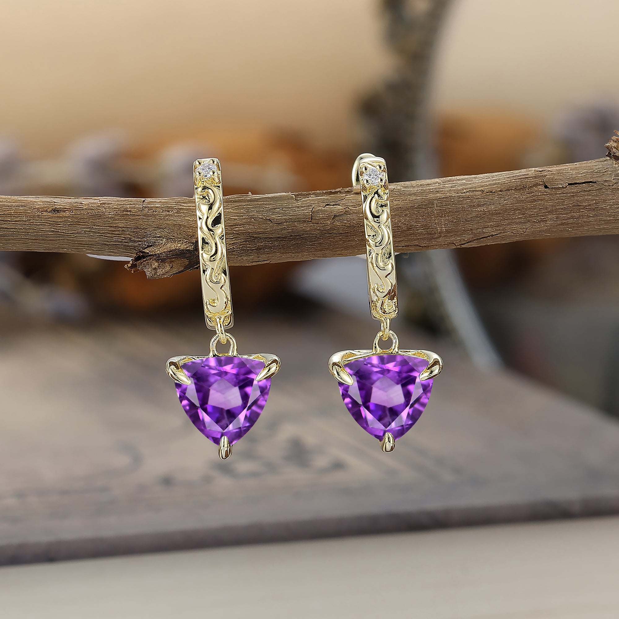 Vintage Fat Triangle Amethyst Drop Earrings February Birthstone Engraved Earrings -  Esdomera.com