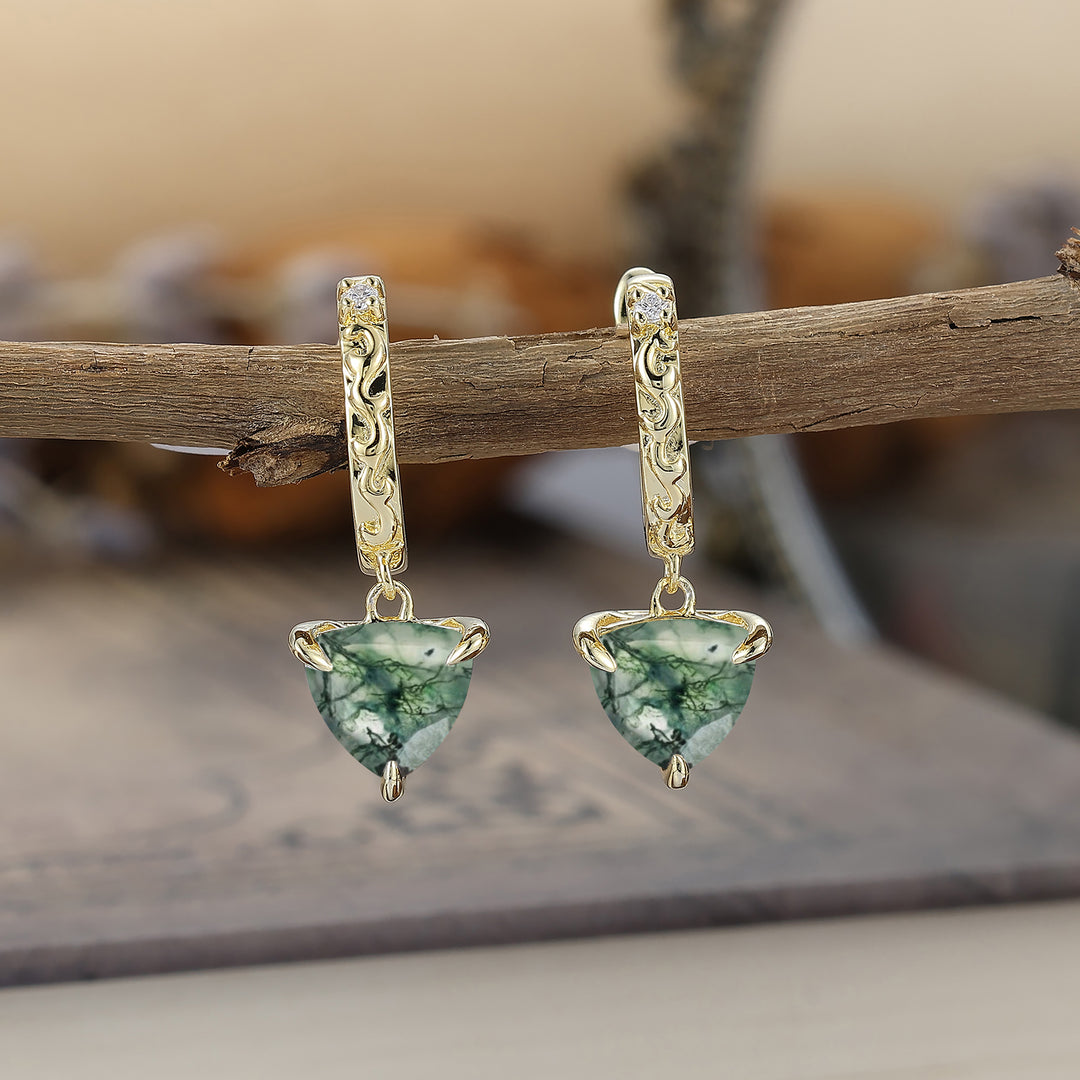 Trendy Fat Triangle Natural Moss Agate Dangle Earrings Engraved Floral Drop Earrings -  Esdomera.com