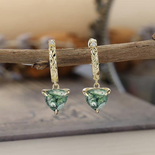 Trendy Fat Triangle Natural Moss Agate Dangle Earrings Engraved Floral Drop Earrings -  Esdomera.com