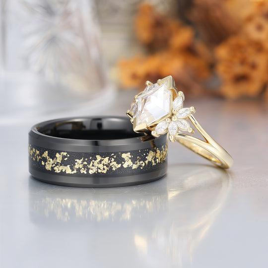 Art Deco Petal Moissanite Engagement His and Hers Wedding Rings Gold Leaf Tungsten Matching Rings -  Esdomera.com