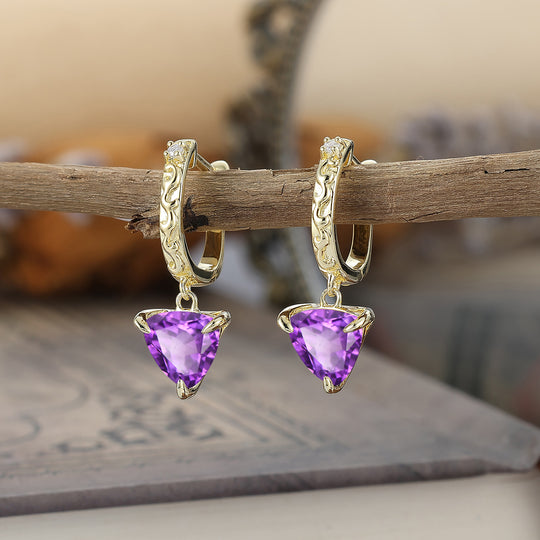 Vintage Fat Triangle Amethyst Drop Earrings February Birthstone Engraved Earrings -  Esdomera.com