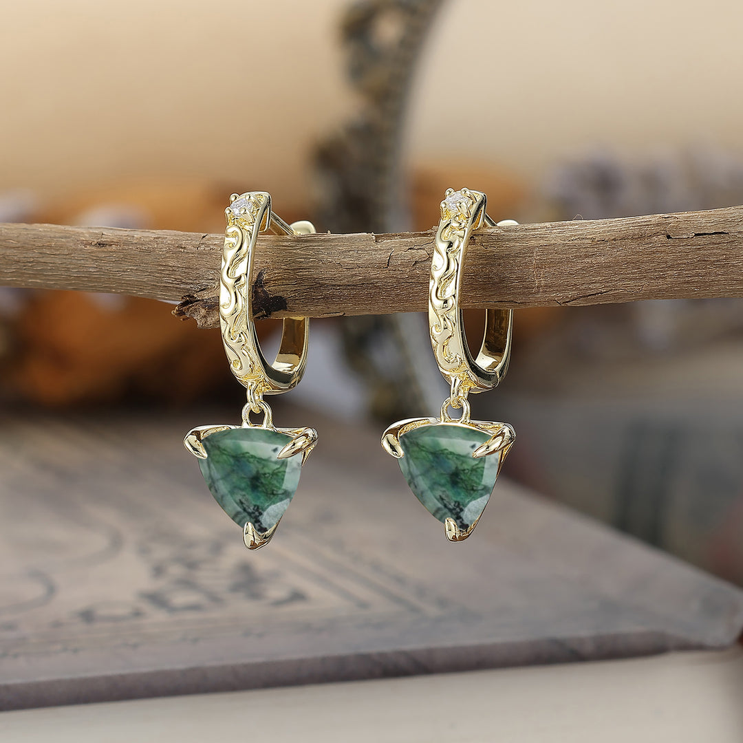Trendy Fat Triangle Natural Moss Agate Dangle Earrings Engraved Floral Drop Earrings -  Esdomera.com