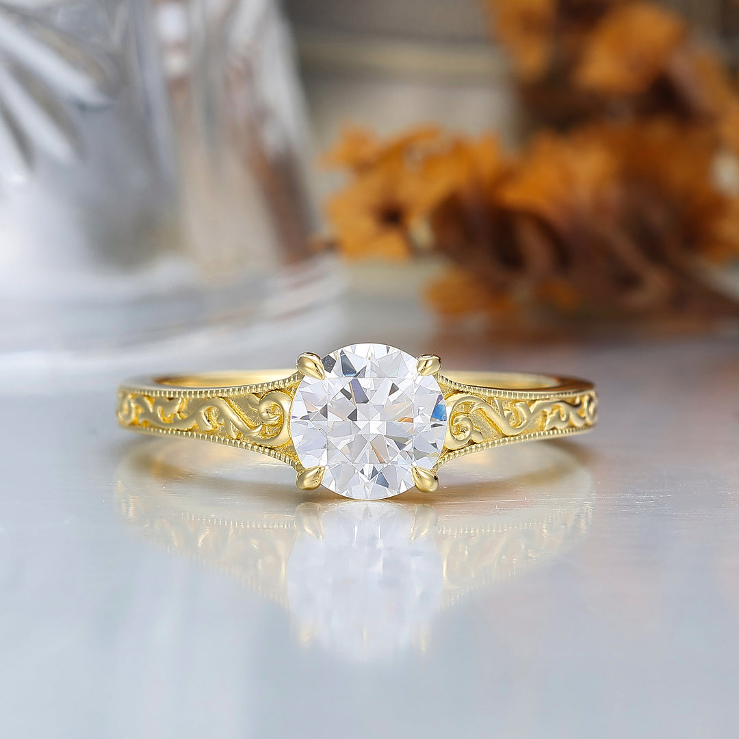 14K Vintage Rund Solitär Gelbgold Moissanit Verlobungsring Filigran Ehering