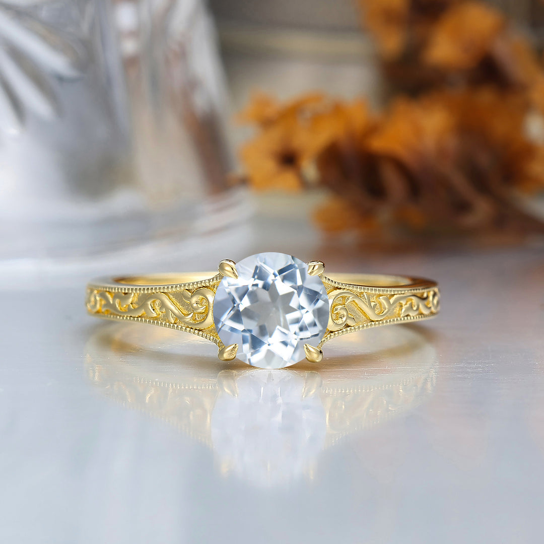14K Vintage  Round  Solitaire Yellow Gold Aquamarine Engagement Ring Filigree Ring