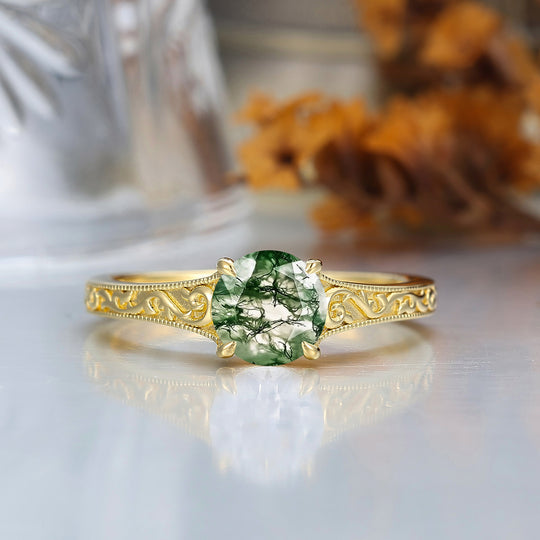 14K Vintage Round Solitaire Yellow Gold Moss Agate Engagement Ring Filigree Ring
