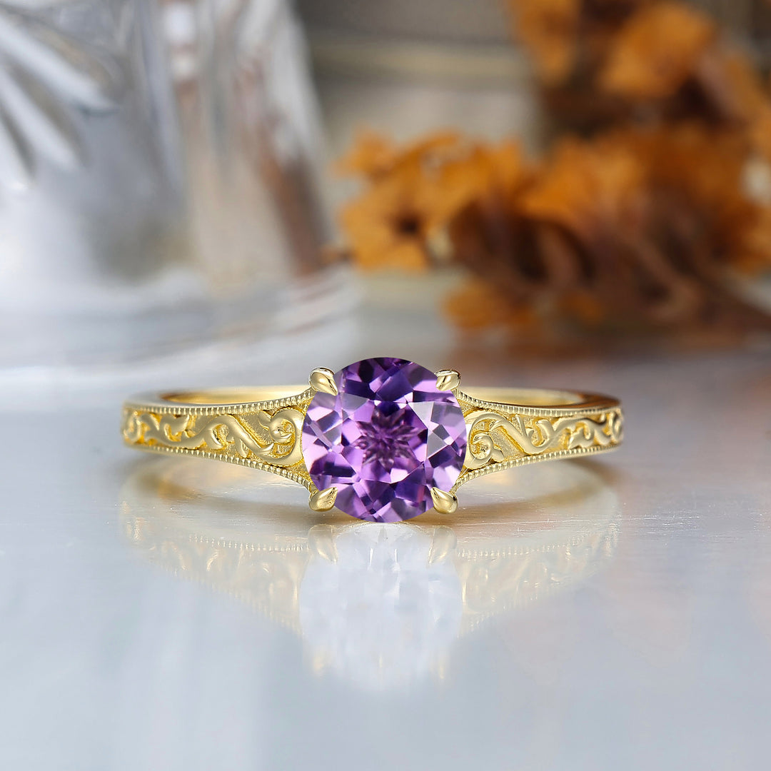 14K Vintage Round Solitaire Yellow Gold Amethyst Engagement Ring Filigree Ring