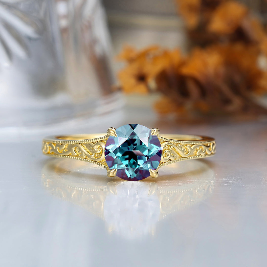 14K Vintage  Round  Solitaire Yellow Gold Alexandrite Engagement Ring Filigree Ring