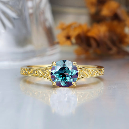 14K Vintage  Round  Solitaire Yellow Gold Alexandrite Engagement Ring Filigree Ring