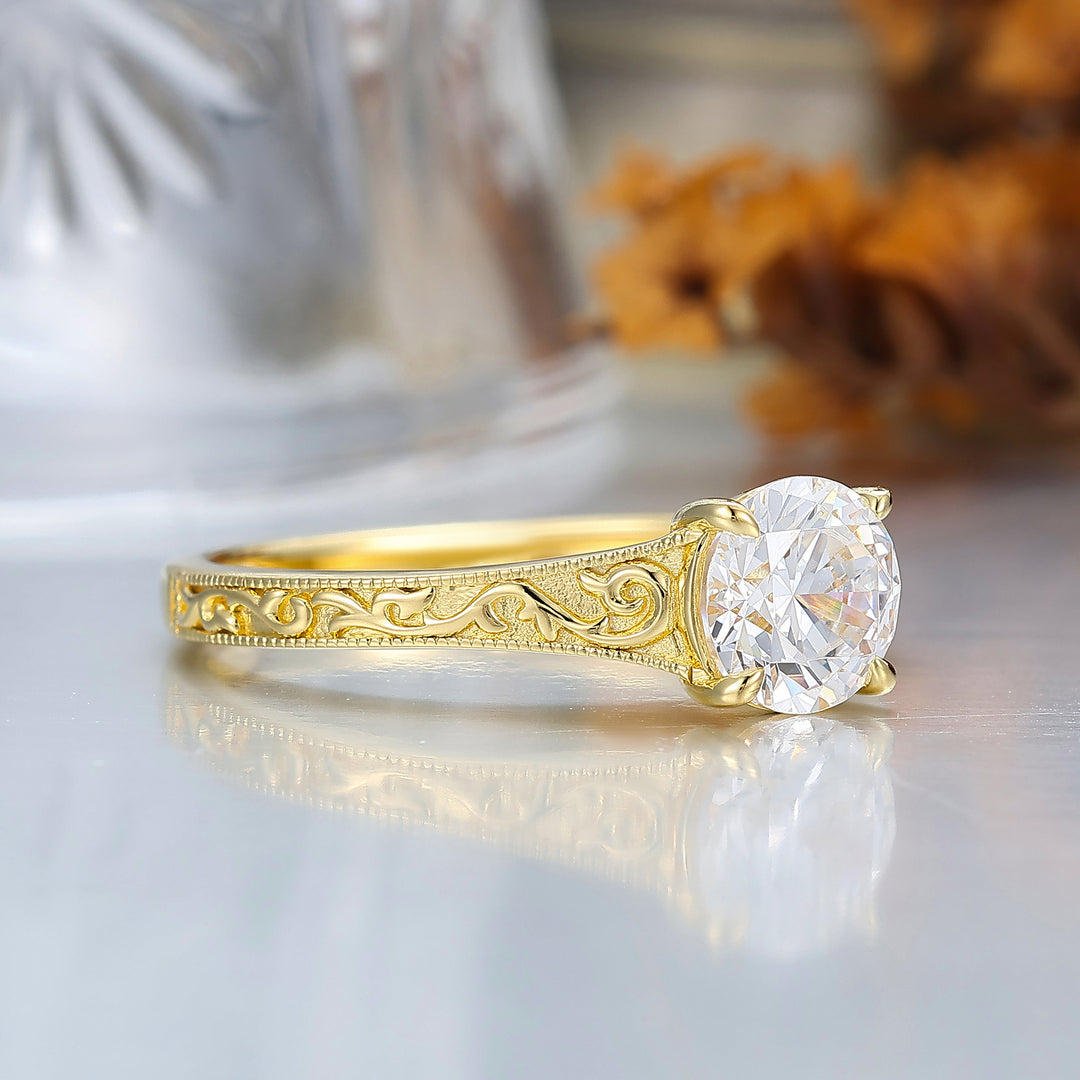 14K Vintage Rund Solitär Gelbgold Moissanit Verlobungsring Filigran Ehering