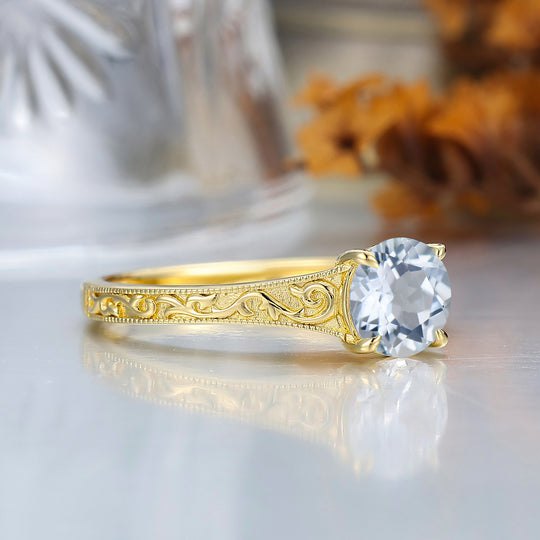 14K Vintage  Round  Solitaire Yellow Gold Aquamarine Engagement Ring Filigree Ring