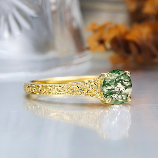 14K Vintage Round Solitaire Yellow Gold Moss Agate Engagement Ring Filigree Ring