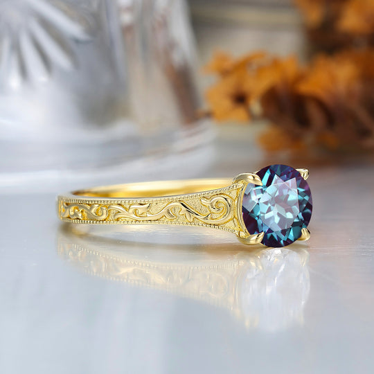 14K Vintage  Round  Solitaire Yellow Gold Alexandrite Engagement Ring Filigree Ring
