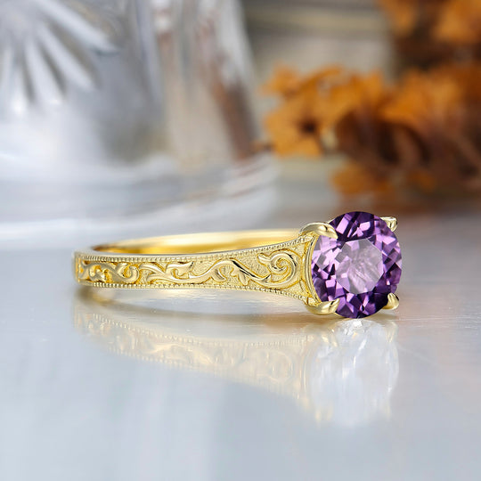 14K Vintage Round Solitaire Yellow Gold Amethyst Engagement Ring Filigree Ring