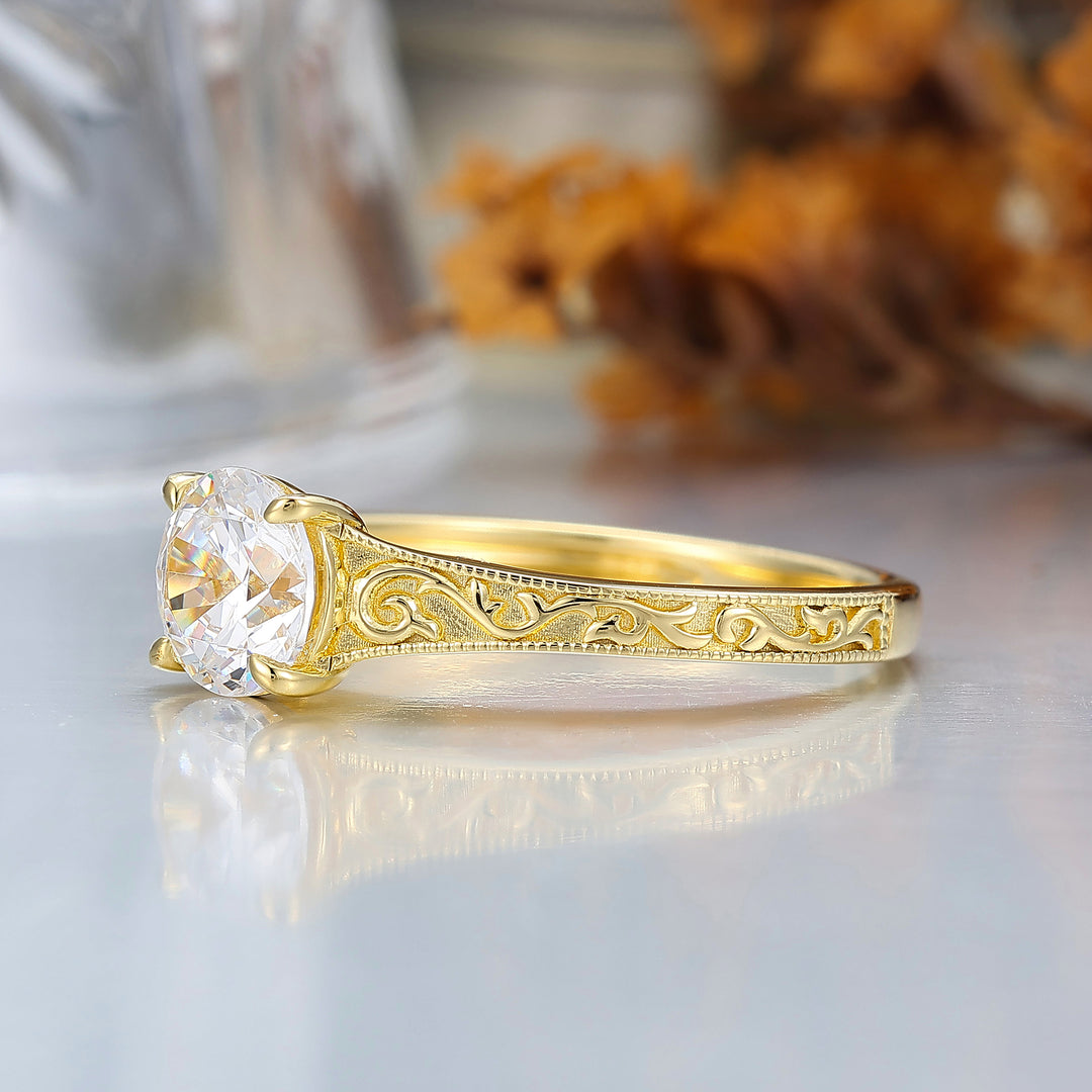 14K Vintage Rund Solitär Gelbgold Moissanit Verlobungsring Filigran Ehering