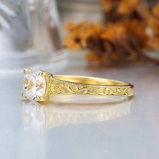 14K Vintage Rund Solitär Gelbgold Moissanit Verlobungsring Filigran Ehering
