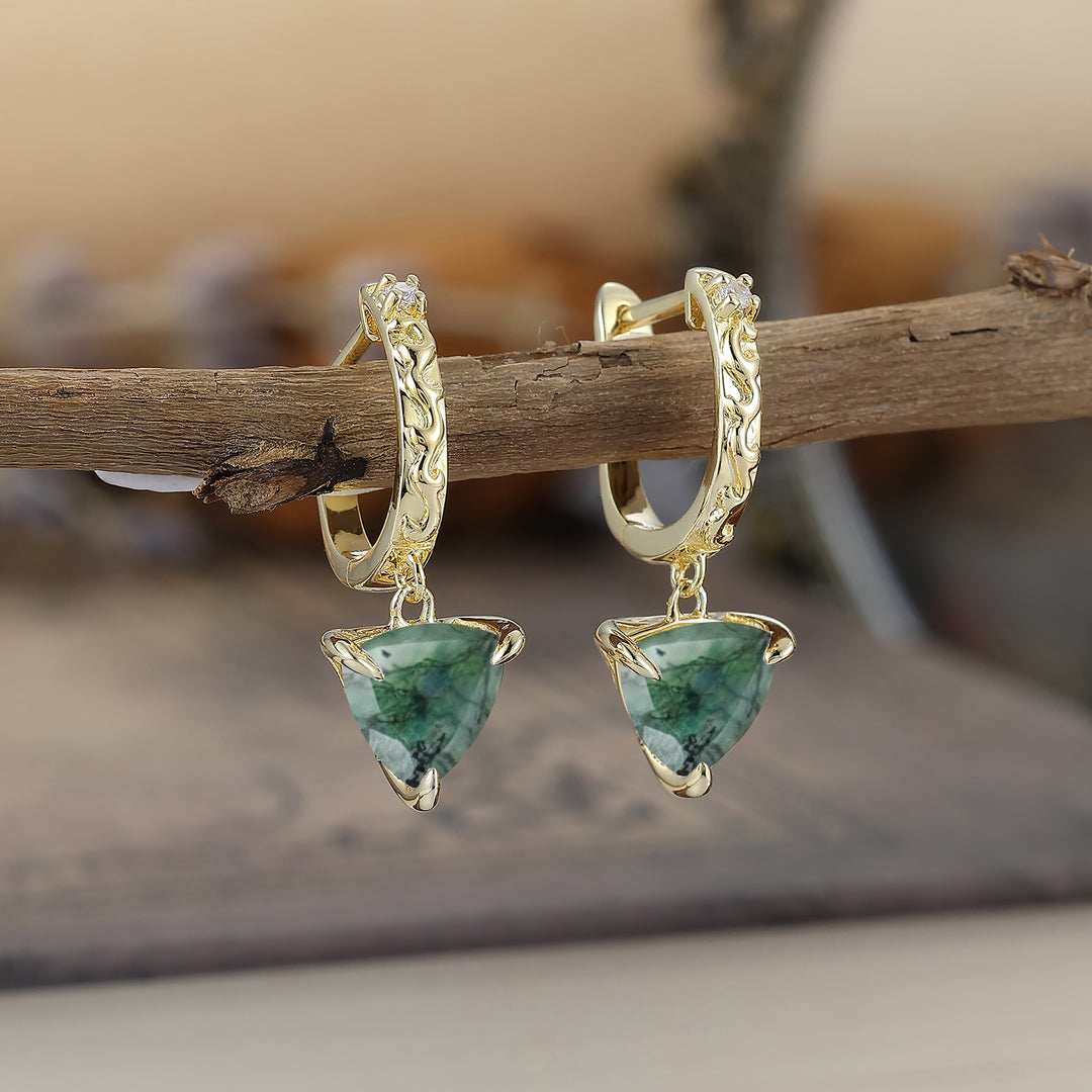 Trendy Fat Triangle Natural Moss Agate Dangle Earrings Engraved Floral Drop Earrings -  Esdomera.com