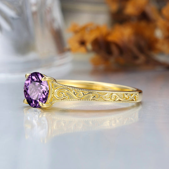 14K Vintage Round Solitaire Yellow Gold Amethyst Engagement Ring Filigree Ring