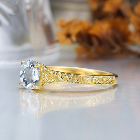 14K Vintage  Round  Solitaire Yellow Gold Aquamarine Engagement Ring Filigree Ring