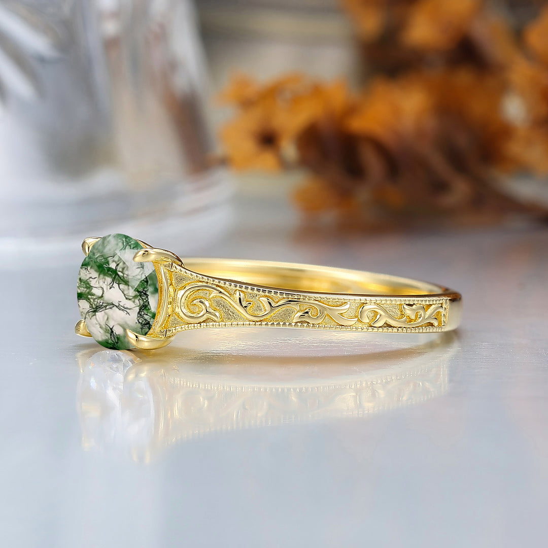 14K Vintage Round Solitaire Yellow Gold Moss Agate Engagement Ring Filigree Ring