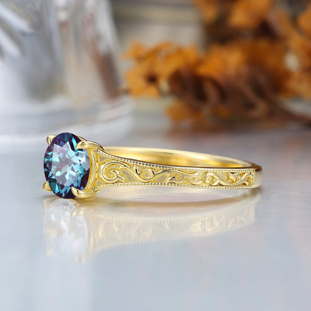14K Vintage  Round  Solitaire Yellow Gold Alexandrite Engagement Ring Filigree Ring