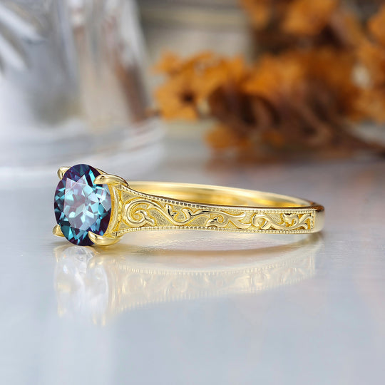14K Vintage  Round  Solitaire Yellow Gold Alexandrite Engagement Ring Filigree Ring