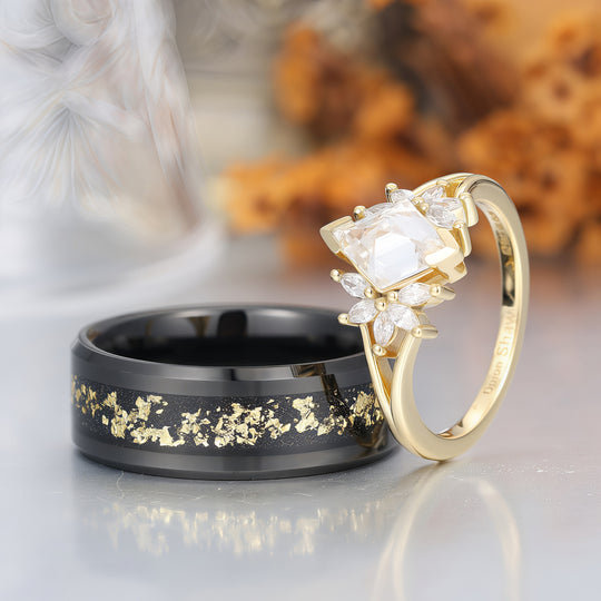 Art Deco Petal Moissanite Engagement His and Hers Wedding Rings Gold Leaf Tungsten Matching Rings -  Esdomera.com