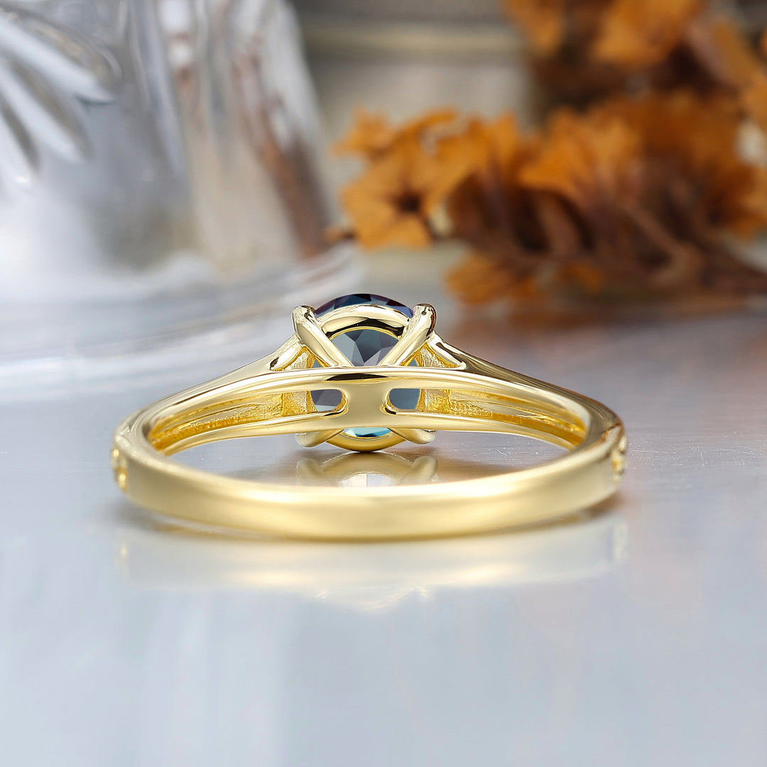 14K Vintage  Round  Solitaire Yellow Gold Alexandrite Engagement Ring Filigree Ring