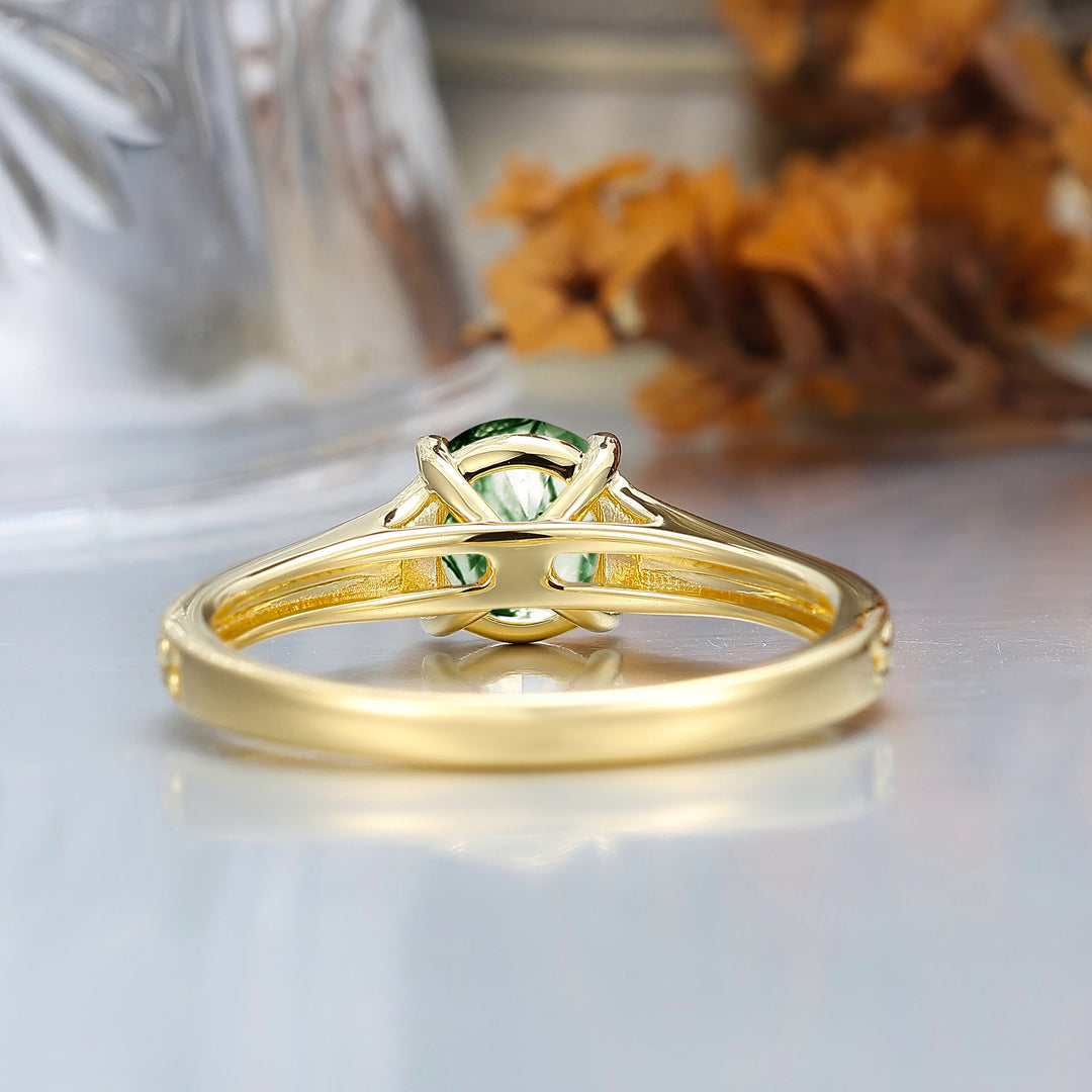 14K Vintage Round Solitaire Yellow Gold Moss Agate Engagement Ring Filigree Ring