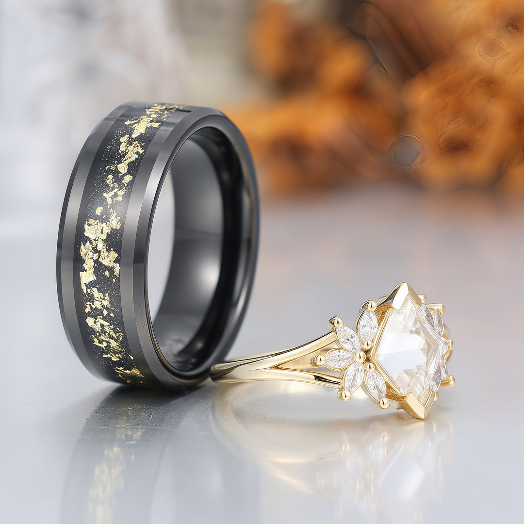 Art Deco Petal Moissanite Engagement His and Hers Wedding Rings Gold Leaf Tungsten Matching Rings -  Esdomera.com