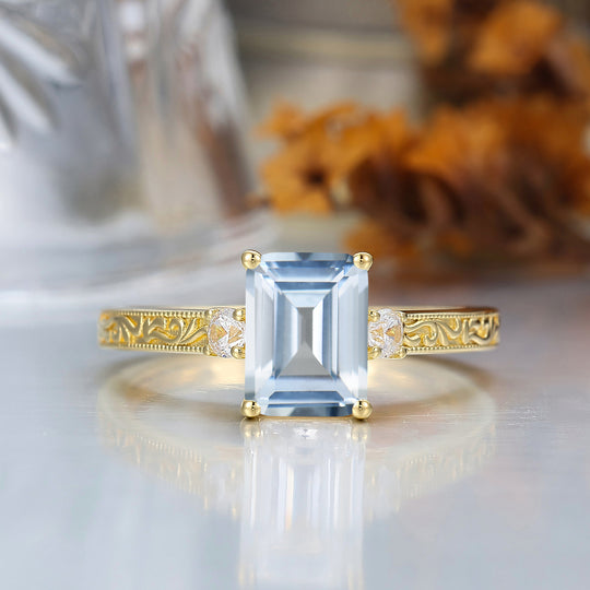 Unique Milgraine 2CT Emerald Cut Aquamarine Wedding Ring For Women 3 Stone Engagement Ring