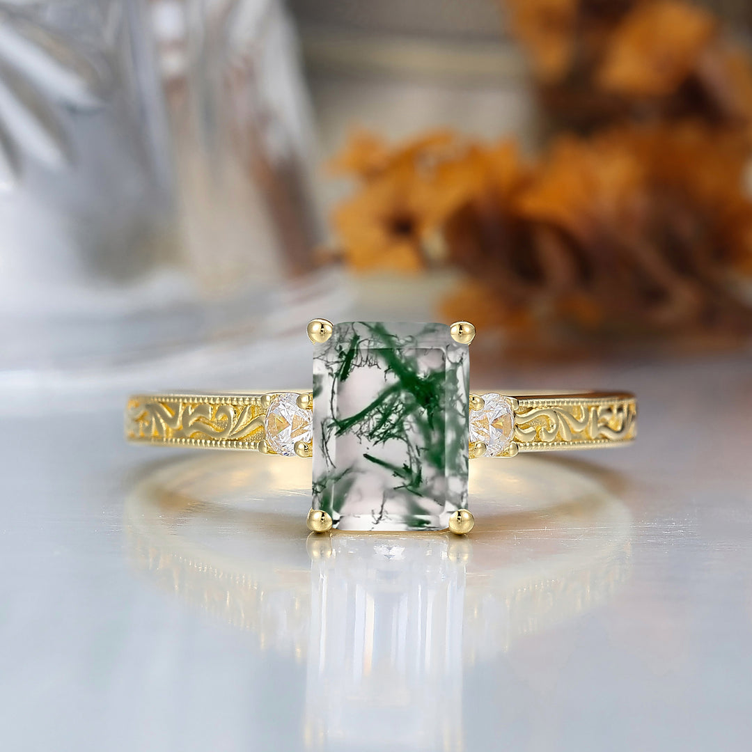 Unique Milgraine 2CT Emerald Cut Moss Agate Wedding Ring For Women 3 Stone Engagement Ring