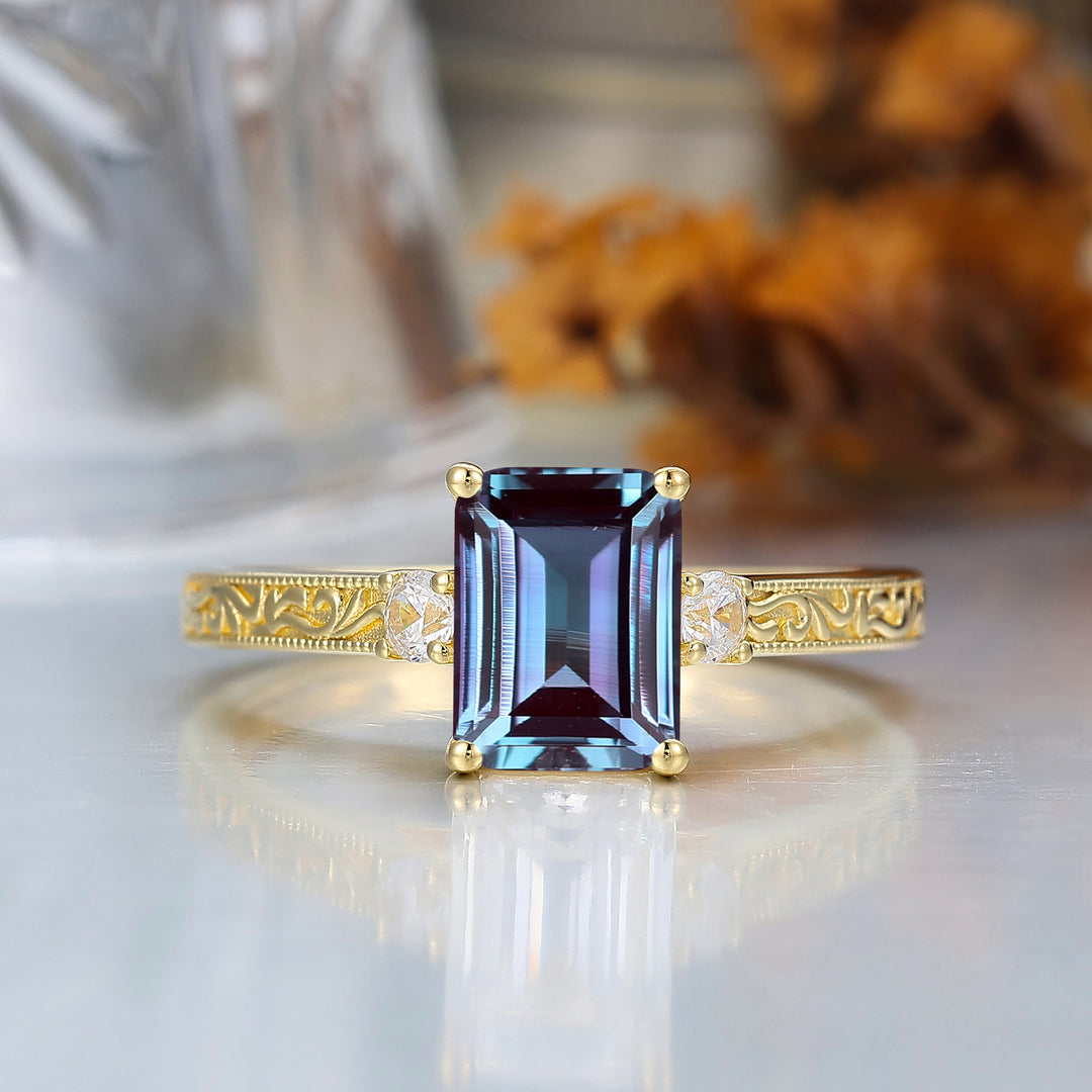 Unique Milgraine 2CT Emerald Cut Alexandrite Wedding Ring For Women 3 Stone Engagement Ring