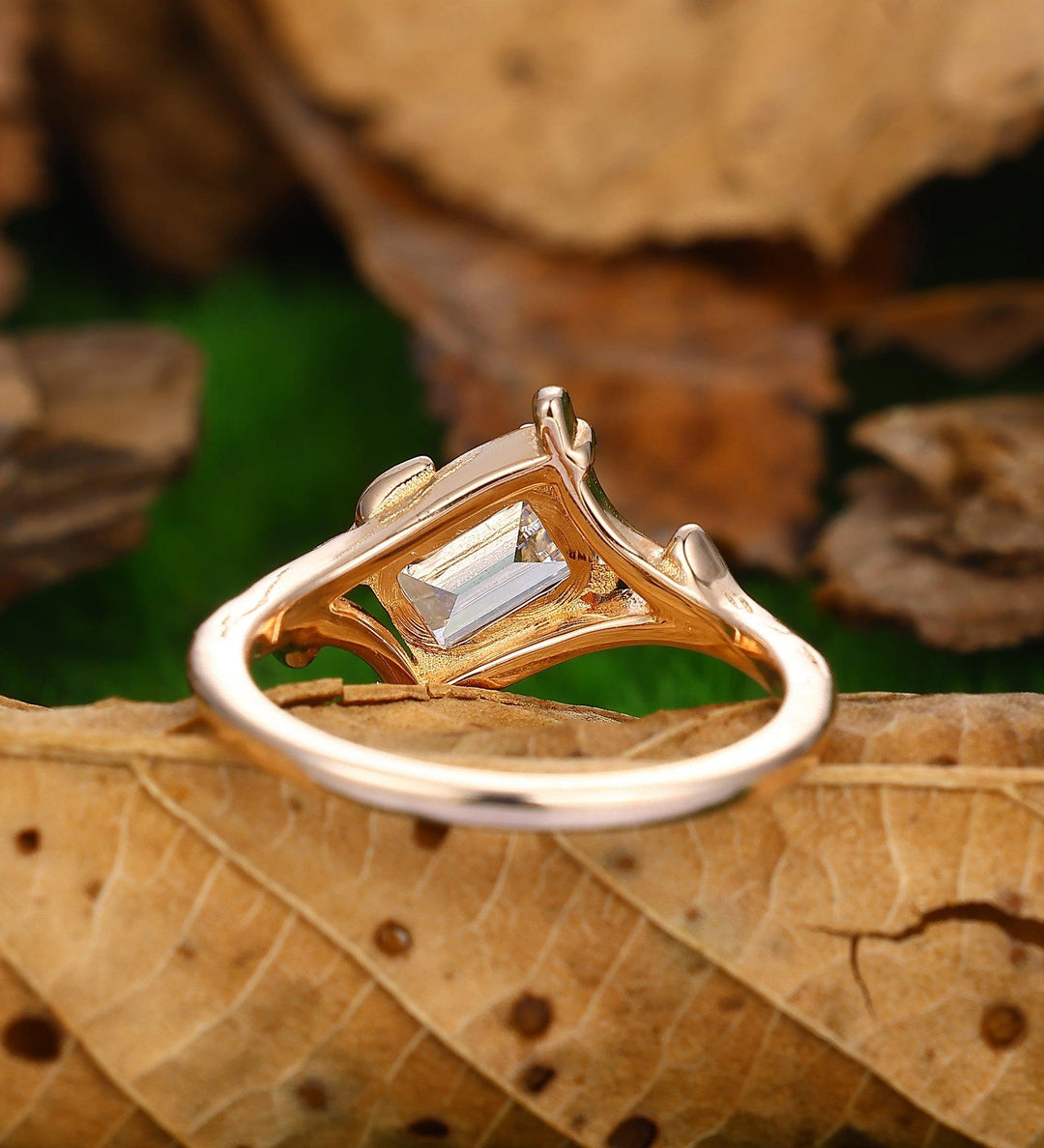 1.00CT Emerald Cut Moissanite Ring Set Split Shank Leaf Design Prong Setting Ring - Esdomera
