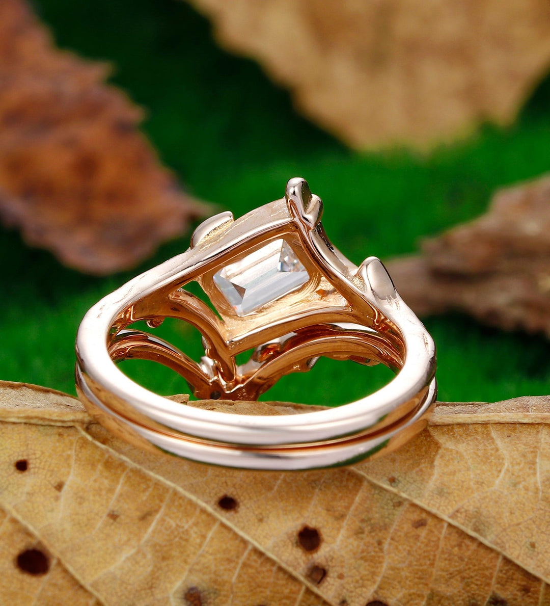 1.00CT Emerald Cut Moissanite Ring Set Unique Ring Leaf Design Split Shank 2pcs - Esdomera