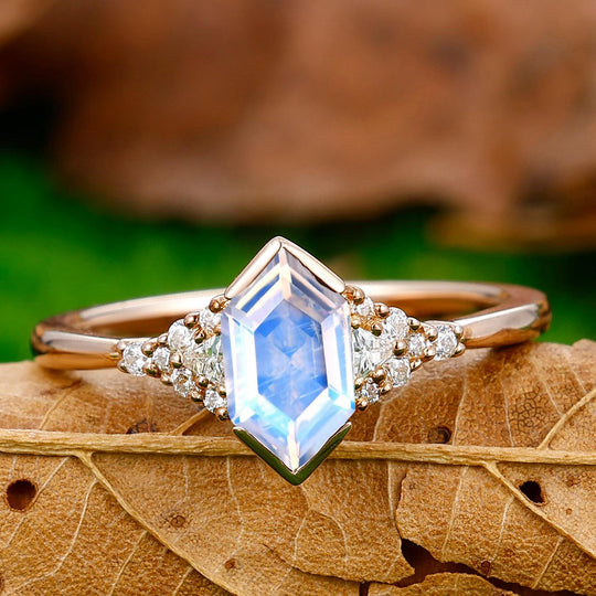 1.1 Carat Long Hexagon Cut Moonstone Ring Milgrain Moissanite Promise Ring - Esdomera