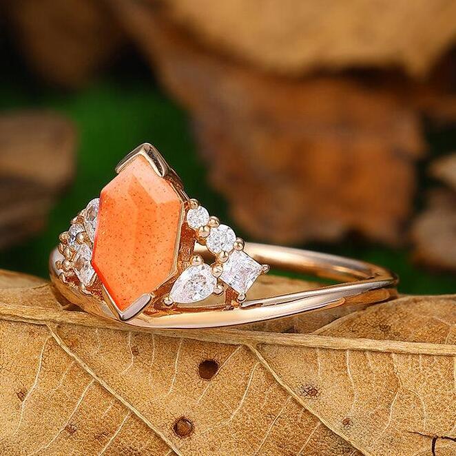 1.1 CT Cluster Natural Sunstone Engagement Ring Rose Gold Pear Cut Moissanite Diamond