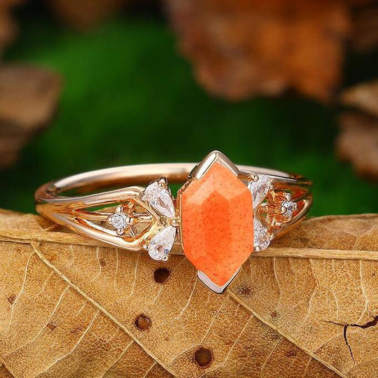 1.1 CT Hexagon Cut Cluster Natural Sunstone Engagement Ring