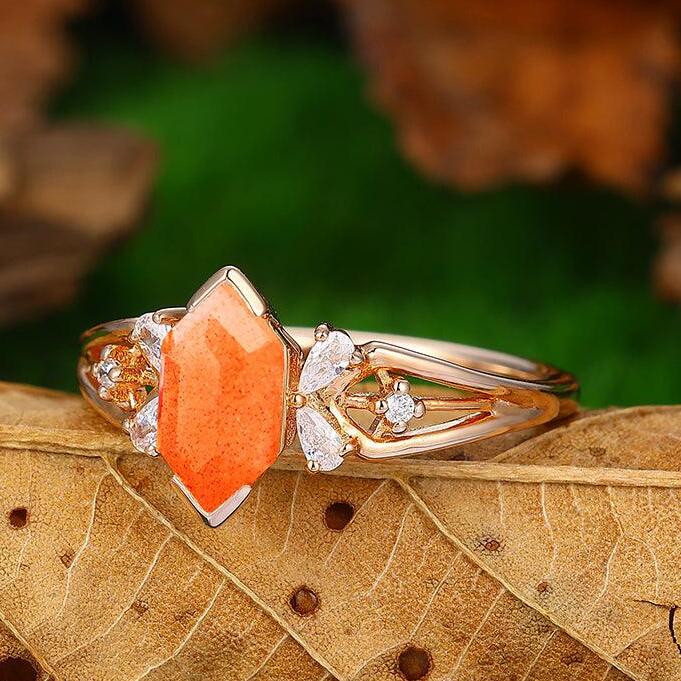 1.1 CT Hexagon Cut Cluster Natural Sunstone Engagement Ring