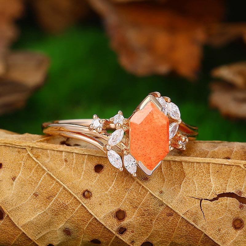 1.1 CT Hexagon Cut Cluster Sunstone Rose Gold Marquise Cut Engagement Ring - Esdomera