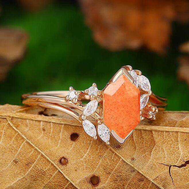 1.1 CT Hexagon Cut  Cluster Sunstone  Rose Gold  Marquise Cut Engagement Ring