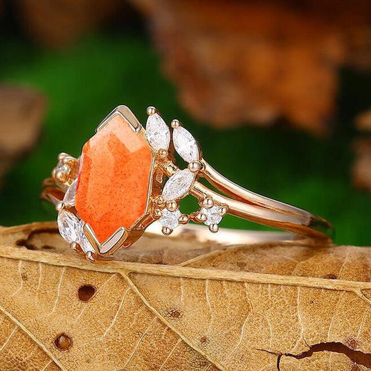 1.1 CT Hexagon Cut  Cluster Sunstone  Rose Gold  Marquise Cut Engagement Ring