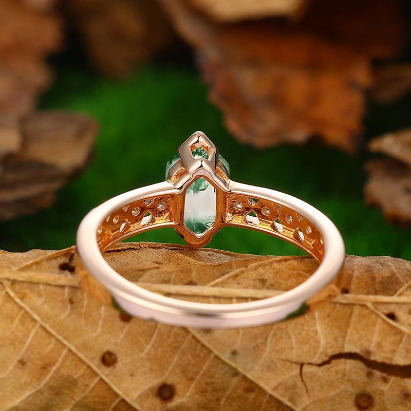 1.1 CT Hexagon Shaped Natural Moss Agate Rose Gold Engagement Ring - Esdomera