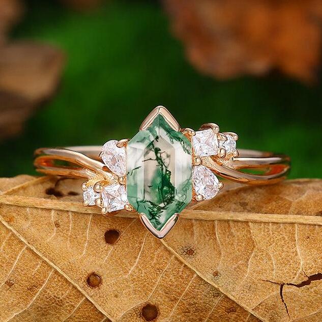 1.1 CT  Long Hexagon Cut Cluster Natural Moss Agate Engagement Anniversary Ring