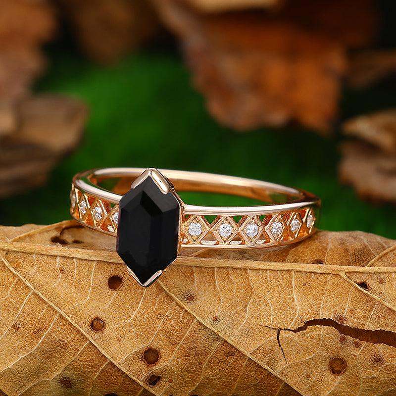 1.1 CT Long Hexagon Cut Half Eternity Natural Black Onyx Sterling Sliver promise Women Ring - Esdomera