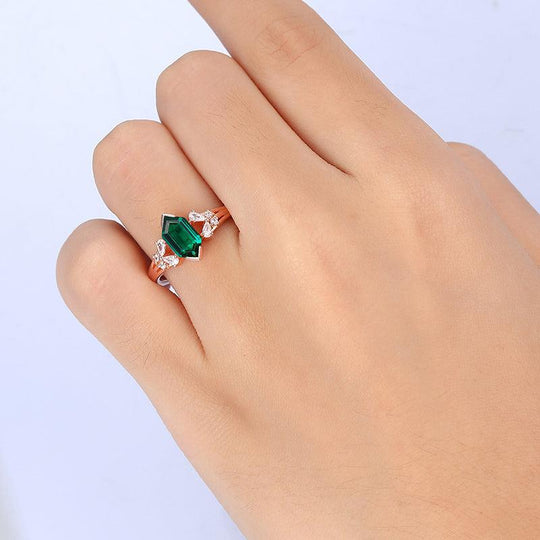 1.1 CT Long Hexagon Cut Sterling Silver Cluster Emerald Engagement Ring - Esdomera